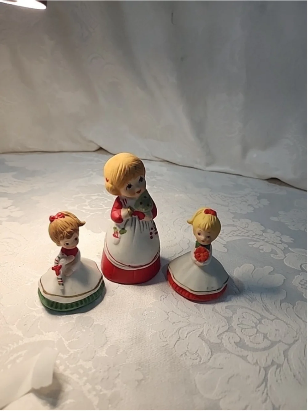 Lefton 3pc Christmas Figurines Bell, Candy Cane, Poinsettia, 1980's
